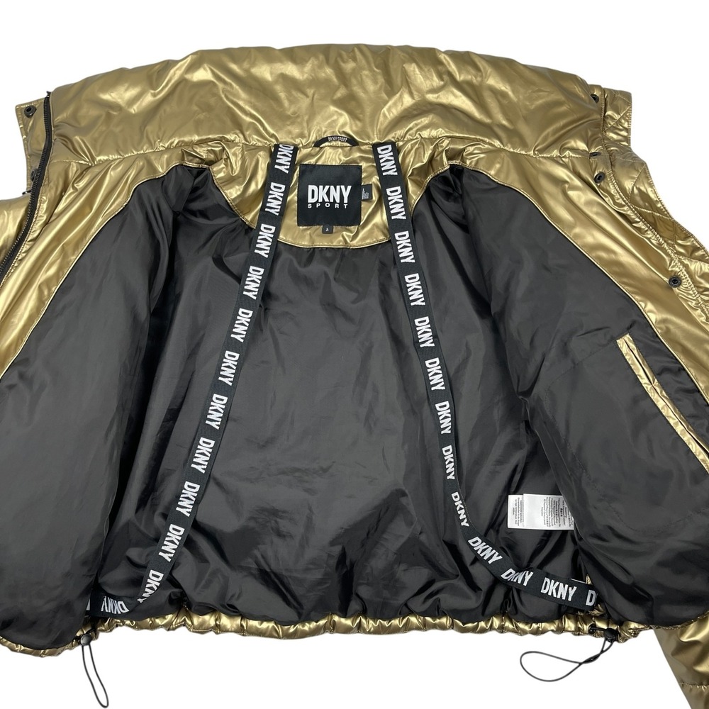 DKNY Sport Women's Puffer Jacket Large Metallic Gold Cropped Carrying Straps - Picture 12 of 14
